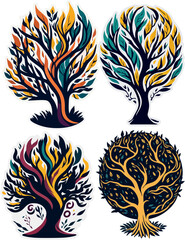 set of vector multi-colored images of trees, in the form of a logo, symbols and stickers