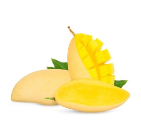 Mango fruits with slices and leaves isolated on white background.