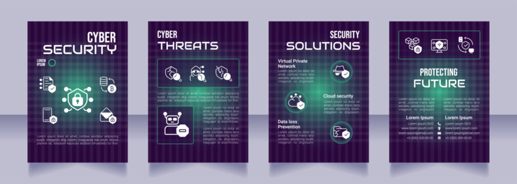 Cybersecurity purple premade brochure template. Computer science. Cybercrime prevention booklet design with icons, copy space. Editable 4 layouts. Bebas Neue, Audiowide, Roboto Light fonts used