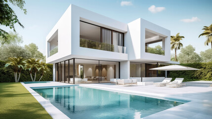 Fototapeta premium Luxury Minimalist Design Mansion house with Stunning Pool and Garden View. Generative AI