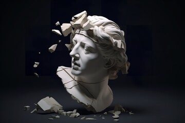 Shattered Legacy: The Descending Fragment of an Ancient Greek Statue's Head, ancient, Greek, statue, head, broken, shattered, legacy, fragment, falling, crumbled, majestic,