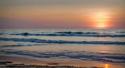 Fototapeta premium the sun is setting over the ocean with waves, generative AI.