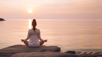 Happy woman meditating sitting in Padmasana surrounded by ocean and rocky mountains, promoting healthy outdoor lifestyle and inspiring fitness concept. Generative AI