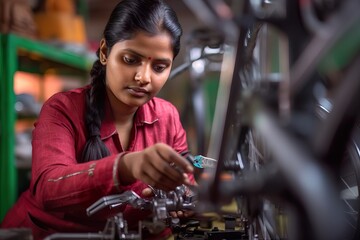 Fototapeta na wymiar Enthusiastic Small Business Female Owner Repairing Cutting-Edge Bicycle. Generative AI.