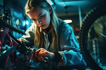 Fototapeta na wymiar Enthusiastic Small Business Female Owner Repairing Cutting-Edge Bicycle. Generative AI.