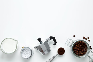 Ingredients for making coffee. Making coffee in geyser moka maker with milk. Coffee making concept. Flat Lay. Top view. Copy space