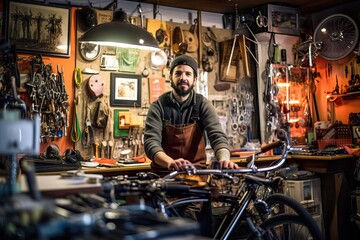 Enthusiastic Small Business Male Owner Repairing Bicycle. Generative AI.