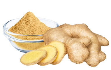 Ginger isolated on white or transparent background. Dry ground ginger powder and slices of fresh...