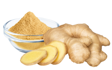 Ginger isolated on white or transparent background. Dry ground ginger powder and slices of fresh ginger root
