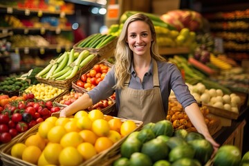 Vibrant Farmer's Market with Exuberant Female Owner. Generative AI.