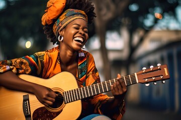 Obraz premium Joyful Street Musician Strumming Acoustic Guitar. Generative AI.