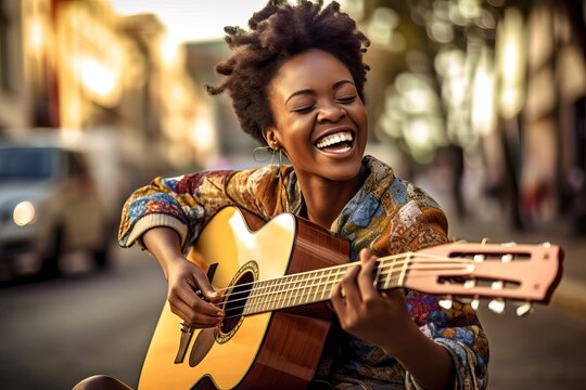 Joyful Street Musician Strumming Acoustic Guitar. Generative AI.