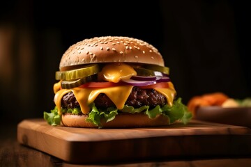 Burger with cheese, lettuce, sauce, cucumber and tomato on a wooden board, black background