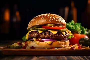 Burger with cheese, lettuce, sauce, onion cucumber and tomato on a wooden board, black background