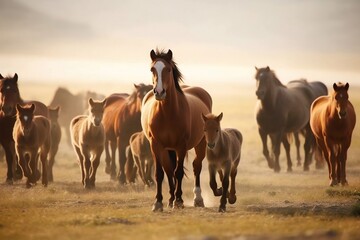 Fototapeta na wymiar Herd of Horses with Newborn Foal at the Center. AI