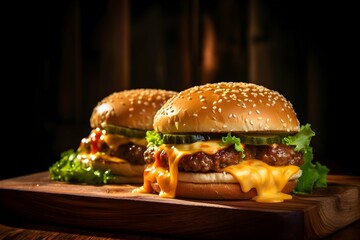 Two Burgers with cheese, lettuce, and cucumber on a wooden board, black background