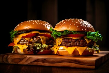 Two Burgers with cheese, lettuce and tomato on a wooden board, black background