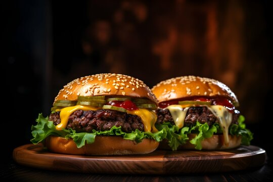 Two Burgers with cheese, lettuce, sauce and cucumber on a wooden board, black background