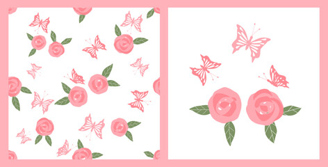 Seamless pattern with pink rose and butterfly cartoons on white background. Rose flower and butterfly icon sign vector illustration.