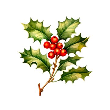 Christmas holly branch with berries on white background. Generative AI.