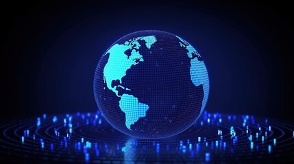 global network and data exchanges over the world 3D rendering Wireframed blue digital world map on dark background.AI Generated