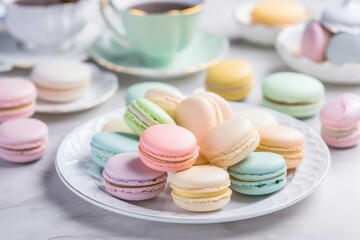Obraz na płótnie Canvas pastel-colored macarons and scones on white plates, created with generative ai