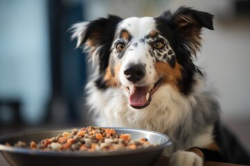 dog, happily eating homemade dog food from bowl, created with generative ai