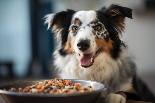 Dog, Happily Eating Homemade Dog Food From Bowl, Created With Generative Ai