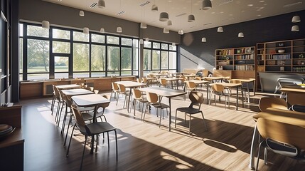 New school year. Interior of the modern empty classroom with desks and chairs for students. Generative AI