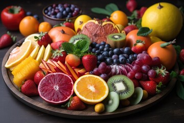 Obraz na płótnie Canvas plate of colorful fruits and vegetables, for a boost of vitamins and nutrients, created with generative ai