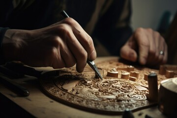 woodworker using precision tools to cut intricate design in piece of wood, created with generative ai