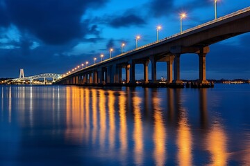Fototapeta na wymiar Sarasota, Florida Shines at Dusk: Ringling Bridge Illuminated in Blue. AI