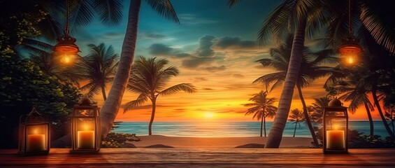 Romantic beach retreat. Evening beautiful landscape with beachside lantern on wooden table for product Generative AI illustrations
