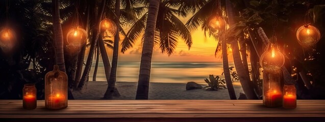 Romantic beach retreat. Evening beautiful landscape with beachside lantern on wooden table for product Generative AI illustrations