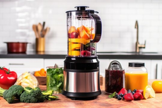close-up of blender, with smoothie ingredients visible, created with generative ai