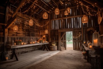 Obraz premium rustic barn with lanterns and twinkle lights for magical setting, created with generative ai