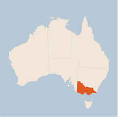 Vector map of the state of Victoria highlighted highlighted in orange on a beige colored map of Australia.
