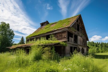 Obraz premium rustic barn surrounded by lush greenery and clear blue sky, created with generative ai