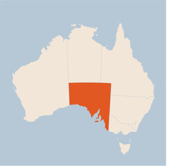 Vector map of the state of South Australia highlighted highlighted in orange on a beige colored map of Australia.