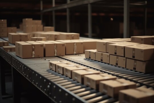 Efficient Warehousing: Carton Boxes on Conveyor Belt in a Product Store Facility, Carton boxes, Conveyor belt, Warehouse, Product storage, Logistics, Distribution, Packaging, Supply chain,