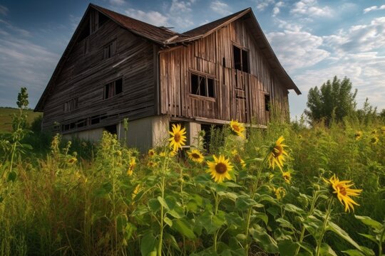 rustic barn with sunflowers, symbol of warmth and happiness, created with generative ai