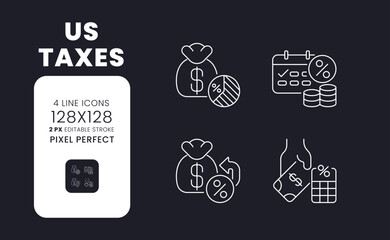 US taxes white linear desktop icons on black. Revenue system. Taxation policies. Taxable income. Pixel perfect 128x128, outline 2px. Isolated interface symbols pack for dark mode. Editable stroke