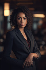 Bllack woman in a business suit standing in a confident pose. Woman's rights equality success of African-American people