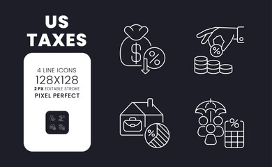 US taxes white linear desktop icons on black. Deductions and exemptions. Income taxation. Pixel perfect 128x128, outline 2px. Isolated interface symbols pack for dark mode. Editable stroke