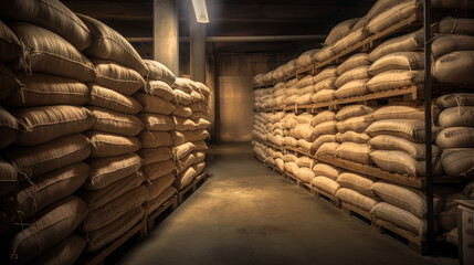 Sacks of goods stacked in a warehouse. Generative AI