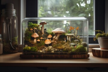 quirky terrarium with moss and mushrooms on wood shelf, created with generative ai