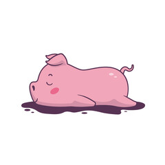 Lazy piglet sleeping in a mud puddle vector cartoon illustration