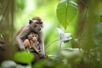 peaceful scene of mother monkey with her infant on back, surrounded by lush greenery, created with generative ai