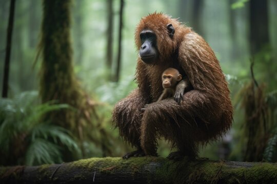 furry primate mother and her baby on journey through the forest, created with generative ai