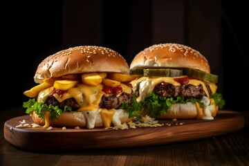 Two Burgers on a wooden board, black background. First one with lettuce, cheese, and fries, second one with cucumber.